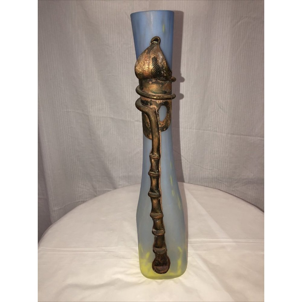 Handmade  Blown Vase Engraved With Metal Blue Yellow Art Nouveau Style